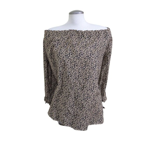 Womens Plus Size 3X Linen Blend Off Shoulder Leopard Top 3/4 Sleeves Tan Black - Picture 1 of 6